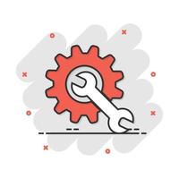 Vector cartoon service tool icon in comic style. Cogwheel with wrench sign illustration pictogram. Workshop business splash effect concept.