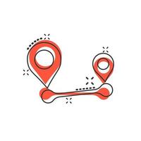 Distance pin icon in comic style. Gps navigation vector cartoon illustration on white isolated background. Communication travel business concept splash effect.