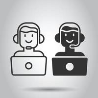 Helpdesk icon in flat style. Headphone vector illustration on white isolated background. Chat operator with laptop business concept.