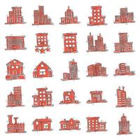 Building icon set in comic style. Town skyscraper apartment cartoon vector illustration on white isolated background. City tower splash effect business concept.