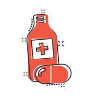 icono de botella de píldora en estilo cómico. ilustración de vector de dibujos animados de drogas sobre fondo blanco aislado. concepto de negocio de efecto de salpicadura de farmacia.