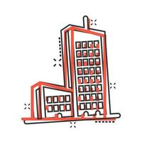 Building icon in comic style. Town skyscraper apartment cartoon vector illustration on white isolated background. City tower splash effect business concept.