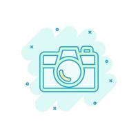 Camera device sign icon in comic style. Photography vector cartoon illustration on white isolated background. Cam equipment business concept splash effect.