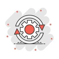 Workflow process icon in comic style. Gear cog wheel with arrows vector cartoon illustration pictogram. Workflow business concept splash effect.