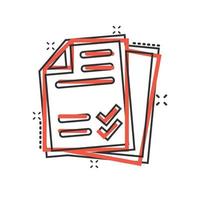 icono de lista de verificación de documentos en estilo cómico. informar ilustración vectorial de dibujos animados sobre fondo blanco aislado. concepto de negocio de efecto de salpicadura de hoja de papel. vector