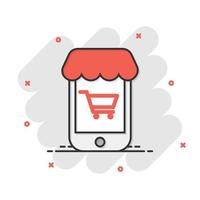 icono de compras en línea en estilo cómico. ilustración de dibujos animados de vector de tienda de smartphone sobre fondo blanco aislado. efecto de salpicadura de concepto de negocio de mercado.