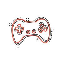 icono de signo de joystick en estilo cómico. ilustración de dibujos animados de vector de gamepad sobre fondo blanco aislado. Efecto de salpicadura de concepto de negocio de controlador de consola de juegos.