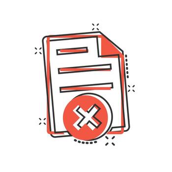 icono de error de documento en estilo cómico. ilustración de vector de dibujos animados de informe roto sobre fondo blanco aislado. concepto de negocio de efecto de salpicadura dañado.