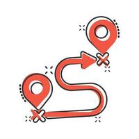 Map pin icon in comic style. GPS navigation cartoon vector illustration on white isolated background. Locate position splash effect business concept.