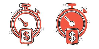 el tiempo es icono de dinero en estilo cómico. reloj con ilustración de vector de dibujos animados de dólar sobre fondo blanco aislado. concepto de negocio de efecto de salpicadura de moneda.