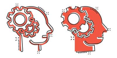 Human head with cogwheel icon in comic style. Technology progress cartoon vector illustration on white isolated background. Face and gear splash effect business concept.