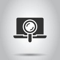 Computer search icon in flat style. Laptop with magnifying glass vector illustration on white isolated background. Device display business concept.