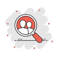 Search job vacancy icon in comic style. Loupe career vector cartoon illustration on white isolated background. Find vacancy business concept splash effect.