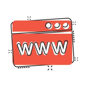 Website domain icon in comic style. Com internet address cartoon vector illustration on white isolated background. Server splash effect business concept.