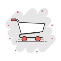 icono de carrito de compras de dibujos animados vectoriales en estilo cómico. Pictograma de ilustración de signo de bolsa de tienda. concepto de efecto de salpicadura de negocio de centro comercial. vector