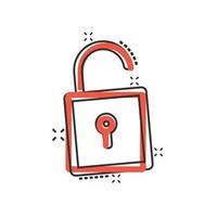 Padlock icon in comic style. Lock cartoon vector illustration on white isolated background. Private splash effect business concept.