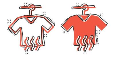 icono de lavado de camisetas en estilo cómico. ropa seca ilustración vectorial de dibujos animados sobre fondo blanco aislado. concepto de negocio de efecto de salpicadura de lavandería de camisa. vector