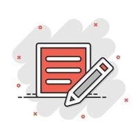 icono de blogs en estilo cómico. documento con ilustración de vector de dibujos animados de pluma sobre fondo blanco aislado. concepto de negocio de efecto de salpicadura de contenido.