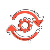 Workflow process icon in comic style. Gear cog wheel with arrows vector cartoon illustration pictogram. Workflow business concept splash effect.