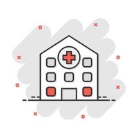 icono de edificio de hospital de dibujos animados de vector en estilo cómico. pictograma de ilustración de signo de clínica médica de enfermería. concepto de efecto de salpicadura de negocio de salud.