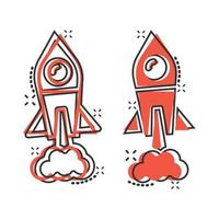 Rocket icon in comic style. Spaceship launch cartoon vector illustration on white isolated background. Sputnik splash effect business concept.