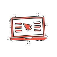 Laptop computer icon in comic style. Cursor on notebook cartoon vector illustration on white isolated background. Monitor splash effect business concept.