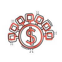 Money revenue icon in comic style. Dollar coin cartoon vector illustration on white isolated background. Finance structure splash effect business concept.