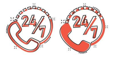 Phone service 24 7 icon in comic style. Telephone talk cartoon vector illustration on white isolated background. Hotline contact splash effect business concept.