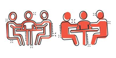 People with table icon in comic style. Teamwork conference cartoon vector