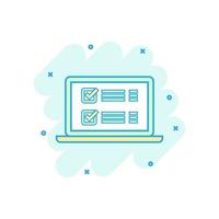 Online survey sign icon in comic style. Questionnaire vector cartoon illustration on white isolated background. Laptop, computer screen banner business concept splash effect.