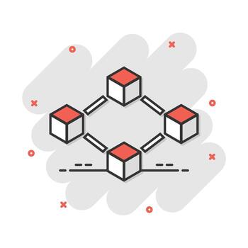 Vector cartoon blockchain technology icon in comic style. Cryptography cube block concept illustration pictogram. Blockchain algorithm business splash effect concept.