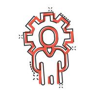 People with gear icon in comic style. Person cogwheel cartoon vector illustration on white isolated background. Teamwork splash effect business concept.