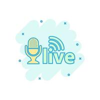 Microphone icon in comic style. Live broadcast vector cartoon illustration on white isolated background. Sound record business concept splash effect.