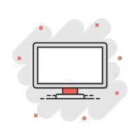 icono de computadora de dibujos animados de vector en estilo cómico. pictograma de ilustración de signo de monitor. concepto de efecto de salpicadura de negocio de televisión.