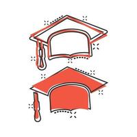 Graduation hat icon in comic style. Student cap cartoon vector illustration on white isolated background. University splash effect business concept.