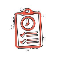 Document witch clock icon in comic style. Checklist survey cartoon vector illustration on white isolated background. Fast service splash effect business concept.