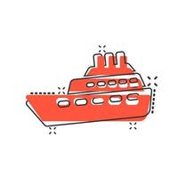 icono de signo de crucero de barco en estilo cómico. ilustración de dibujos animados de vector de barco de carga sobre fondo blanco aislado. efecto de salpicadura del concepto de negocio del buque.