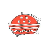 icono de signo de hamburguesa en estilo cómico. ilustración de dibujos animados de vector de hamburguesa sobre fondo blanco aislado. efecto de salpicadura de concepto de negocio de hamburguesa con queso.