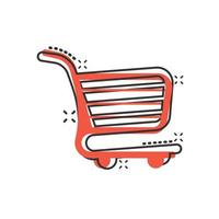 Shopping cart icon in comic style. Trolley cartoon vector illustration on white isolated background. Basket splash effect business concept.