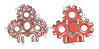 People with gear icon in comic style. Person cogwheel cartoon vector illustration on white isolated background. Teamwork splash effect business concept.