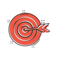 Target aim vector icon in comic style. Darts game cartoon illustration on white isolated background. Dartboard sport target splash effect concept.