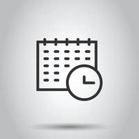 Calendar with clock icon in flat style. Agenda vector illustration on white isolated background. Schedule time planner business concept.