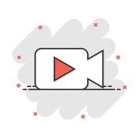 Video camera icon in comic style. Movie play vector cartoon illustration pictogram. Video streaming business concept splash effect.