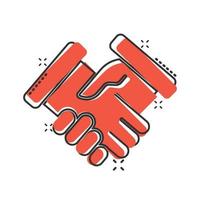Handshake icon in comic style. Partnership deal cartoon vector illustration on white isolated background. Agreement splash effect business concept.