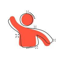 People greeting with hand up icon in comic style. Person gesture vector cartoon illustration pictogram. People leader business concept splash effect.