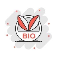 icono de insignia de etiqueta biológica de dibujos animados vectoriales en estilo cómico. Pictograma de ilustración de concepto de sello de producto orgánico ecológico. concepto de efecto de salpicadura de negocio de alimentos naturales ecológicos. vector