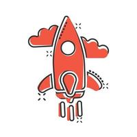 Rocket icon in comic style. Spaceship launch cartoon vector illustration on white isolated background. Sputnik splash effect business concept.