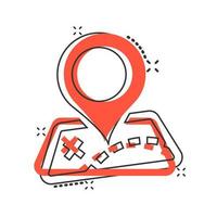 Pin map icon in comic style. Cartoon gps navigation vector illustration pictogram. Target destination business concept splash effect.