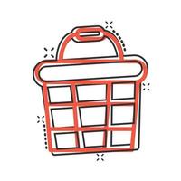 Add to cart icon in comic style. Shopping cartoon vector illustration on white isolated background. Basket splash effect business concept.