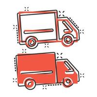 Truck icon in comic style. Auto delivery cartoon vector illustration on white isolated background. Lorry automobile splash effect business concept.